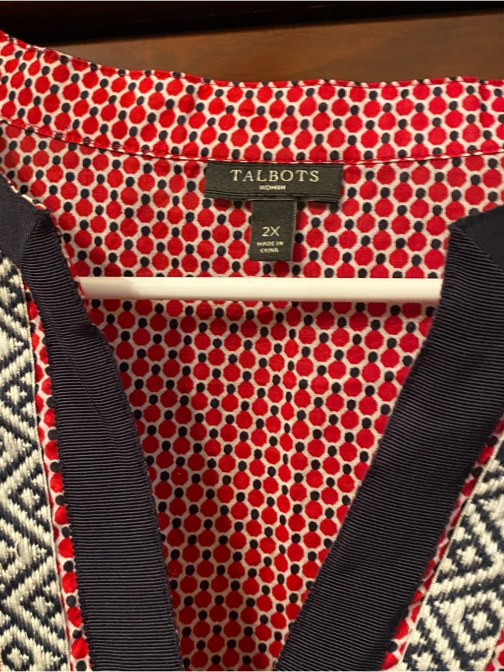Talbots Red and Navy Printed Tunic with Embroidered Placket - Picture 4 of 7